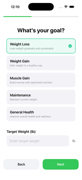 Goal selection screen — weight loss, muscle gain, maintenance