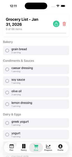 Auto-generated grocery list organised by category
