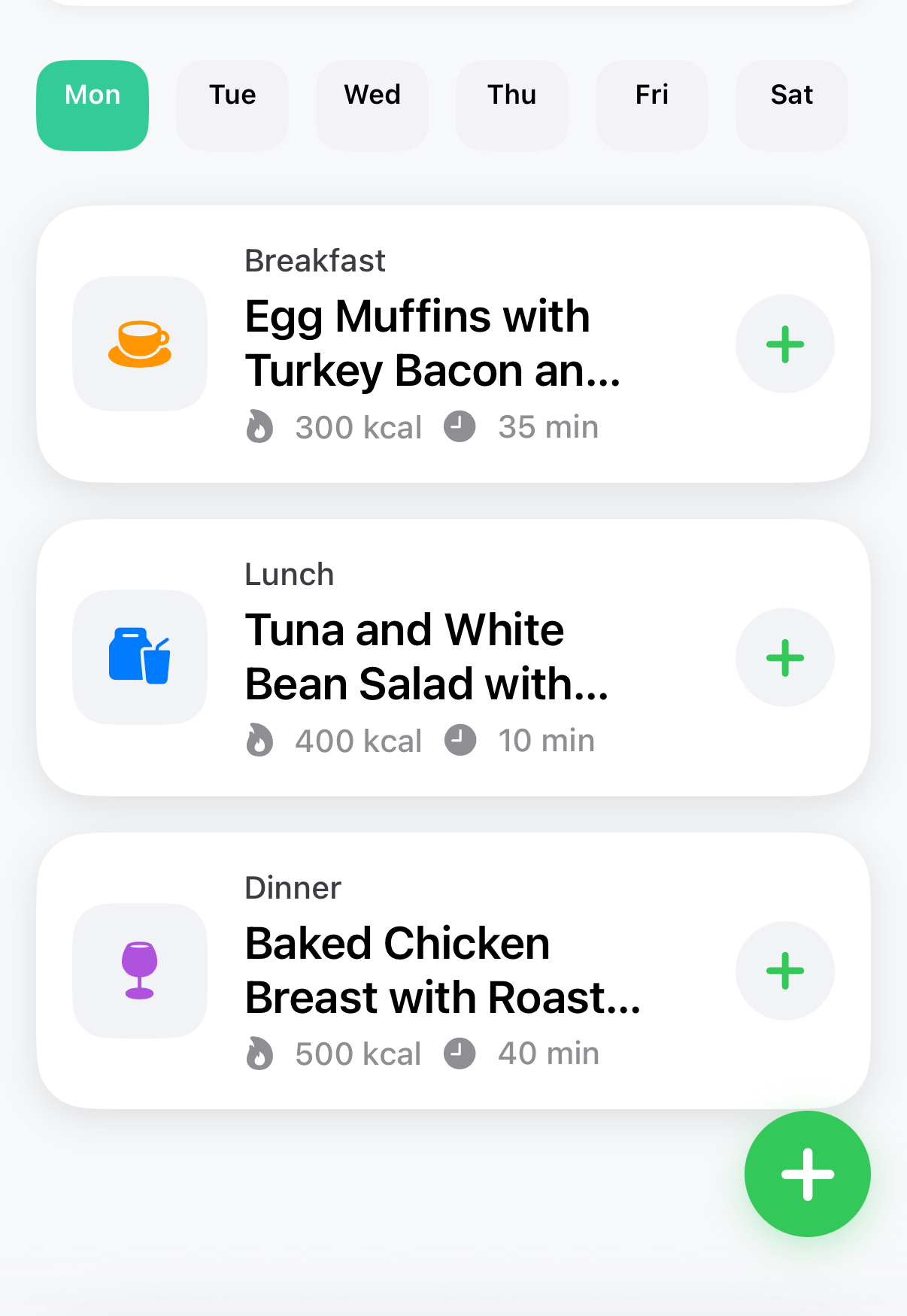 FitCart app showing a weekly meal plan with breakfast, lunch and dinner
