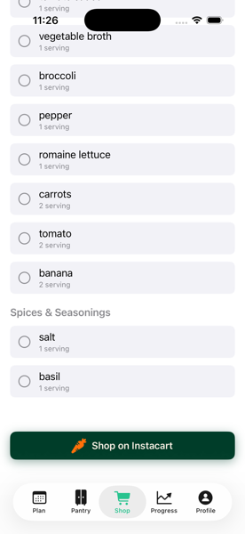 Grocery list with Shop on Instacart button