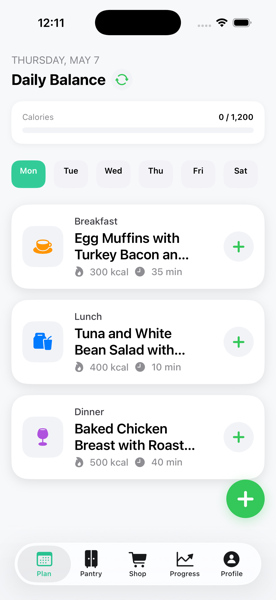 Daily meal plan screen showing breakfast, lunch and dinner